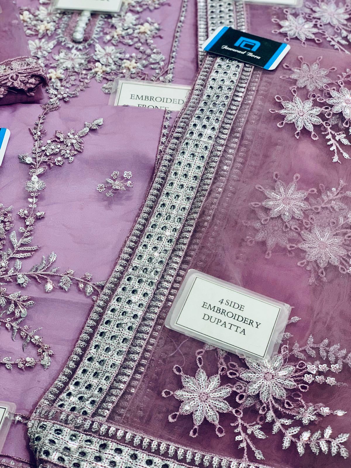 #188 MUSHQ Indigo – Premium Unstitched Ensemble with Signature Prints & Embroidery" NIN