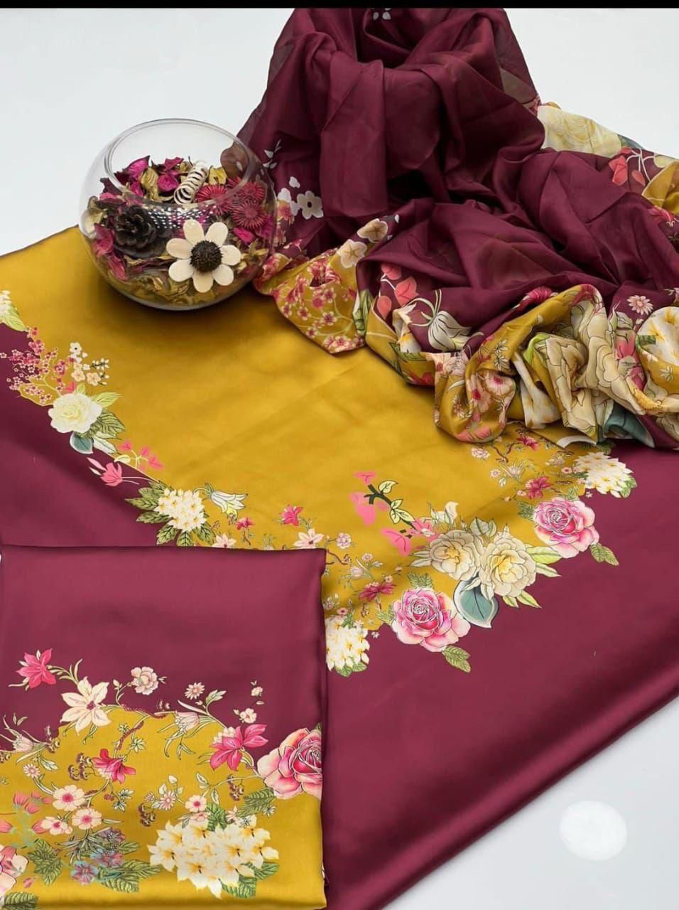 #09 Elegant Shamooz Silk Printed Unstitched 3-Piece Suit – Luxe Fabric for Timeless Style SH