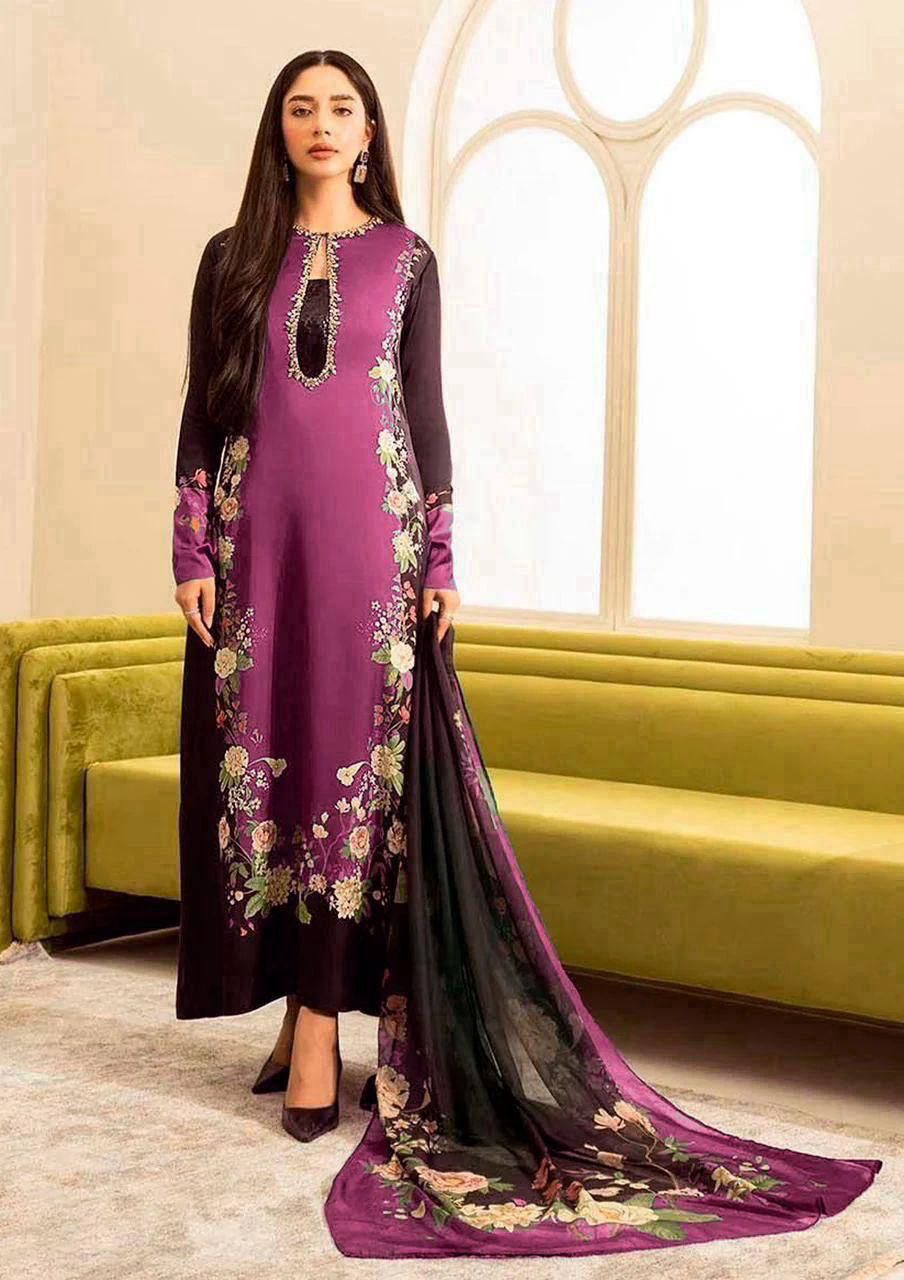 #09 Elegant Shamooz Silk Printed Unstitched 3-Piece Suit – Luxe Fabric for Timeless Style SH