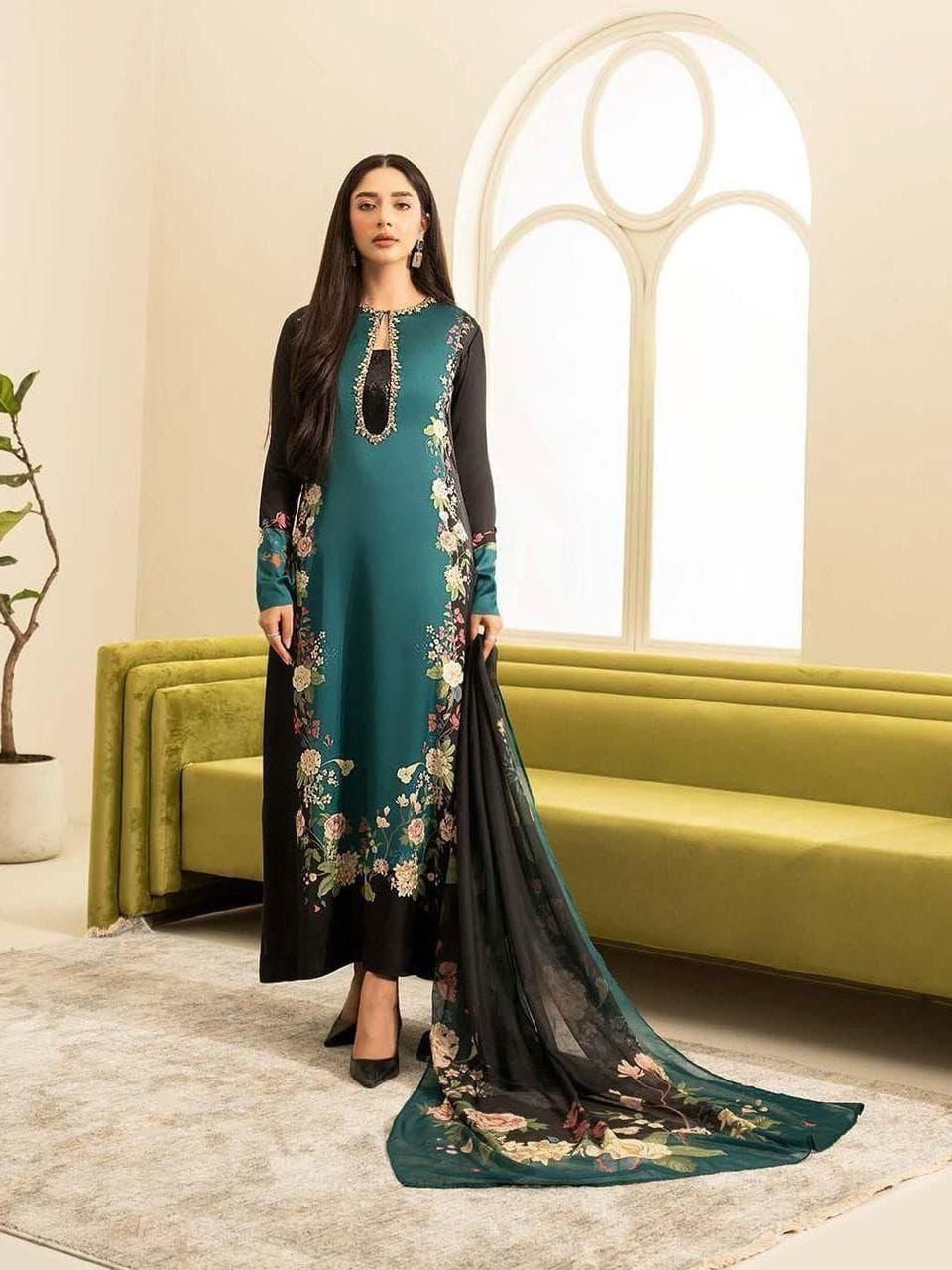 #10 Elegant Shamooz Silk Printed Unstitched 3-Piece Suit – Luxe Fabric for Timeless Style SH