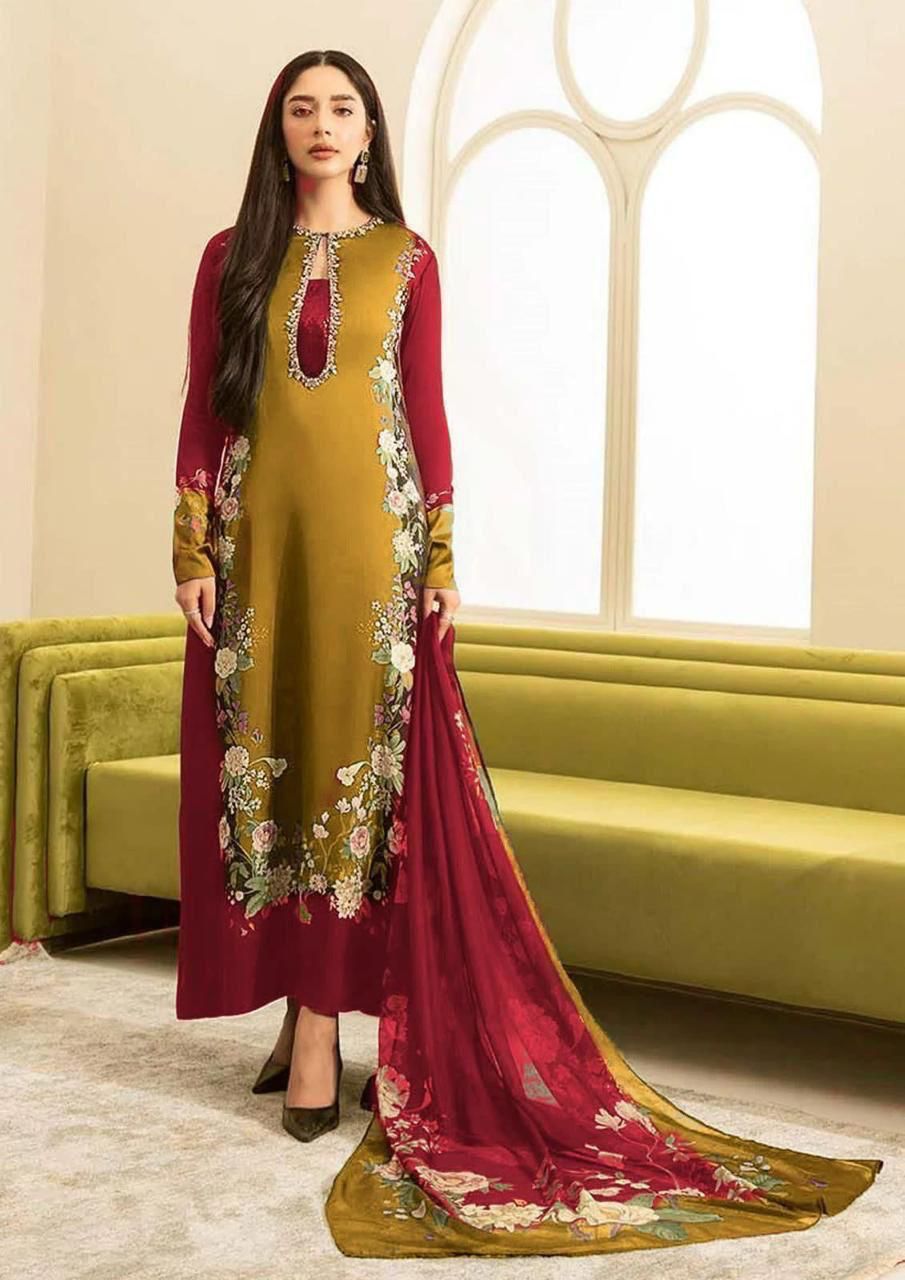 #09 Elegant Shamooz Silk Printed Unstitched 3-Piece Suit – Luxe Fabric for Timeless Style SH
