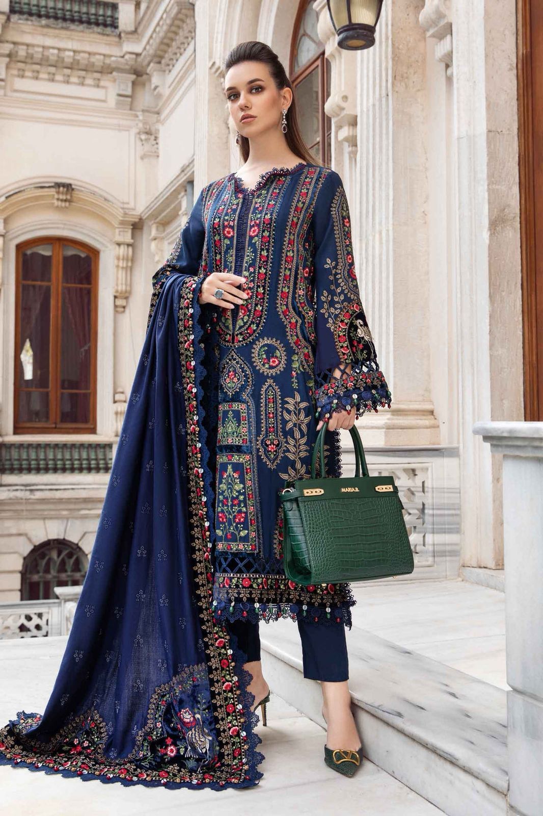 #5080 Luxury Pure Dhanak Embroidered Ensemble – With Shawl & Catalog Bag AB