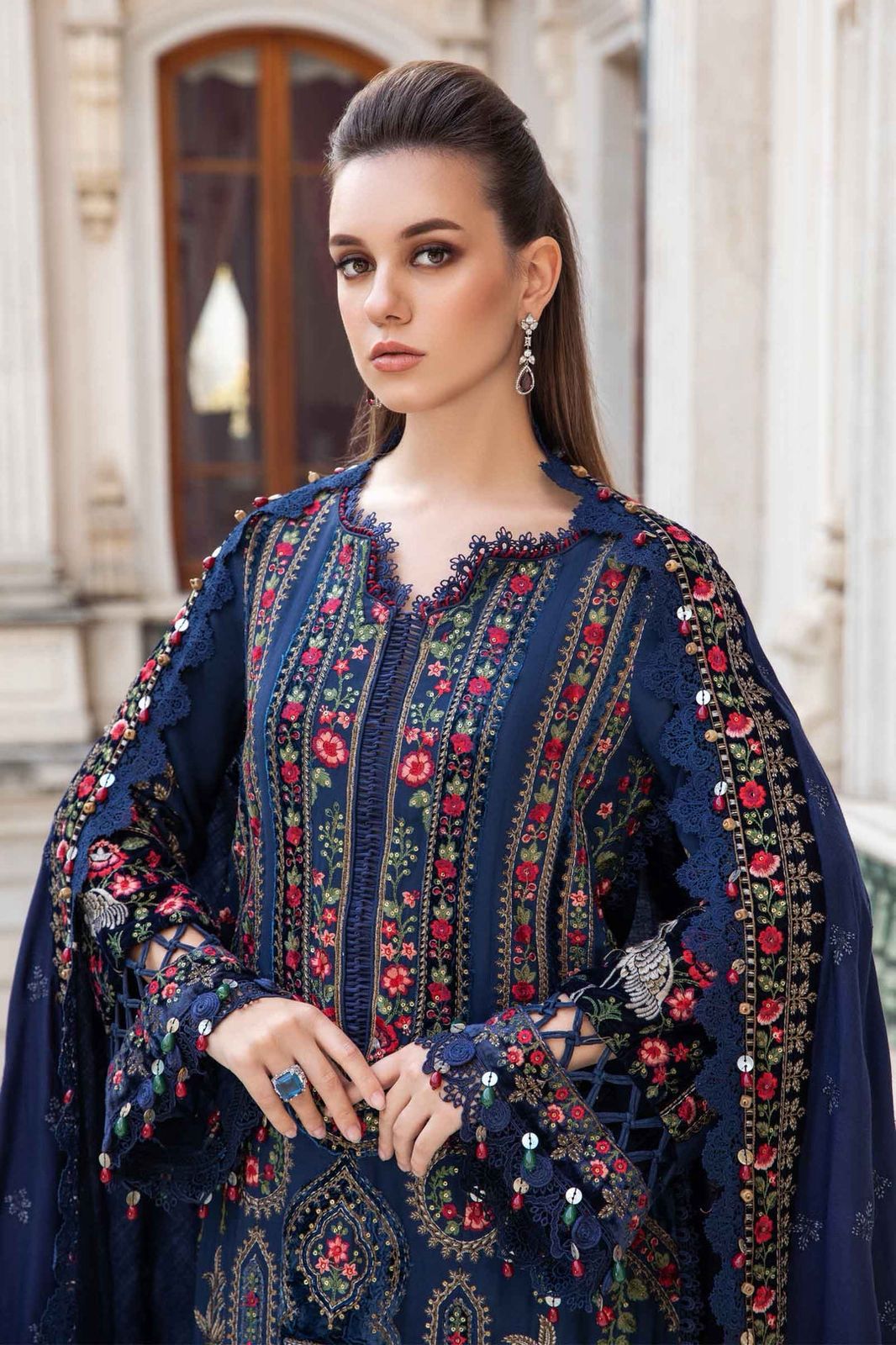#5080 Luxury Pure Dhanak Embroidered Ensemble – With Shawl & Catalog Bag AB