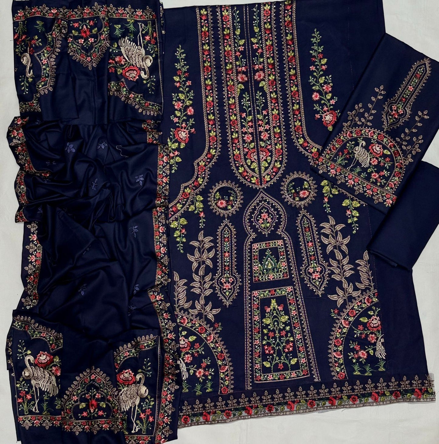 #5080 Luxury Pure Dhanak Embroidered Ensemble – With Shawl & Catalog Bag AB
