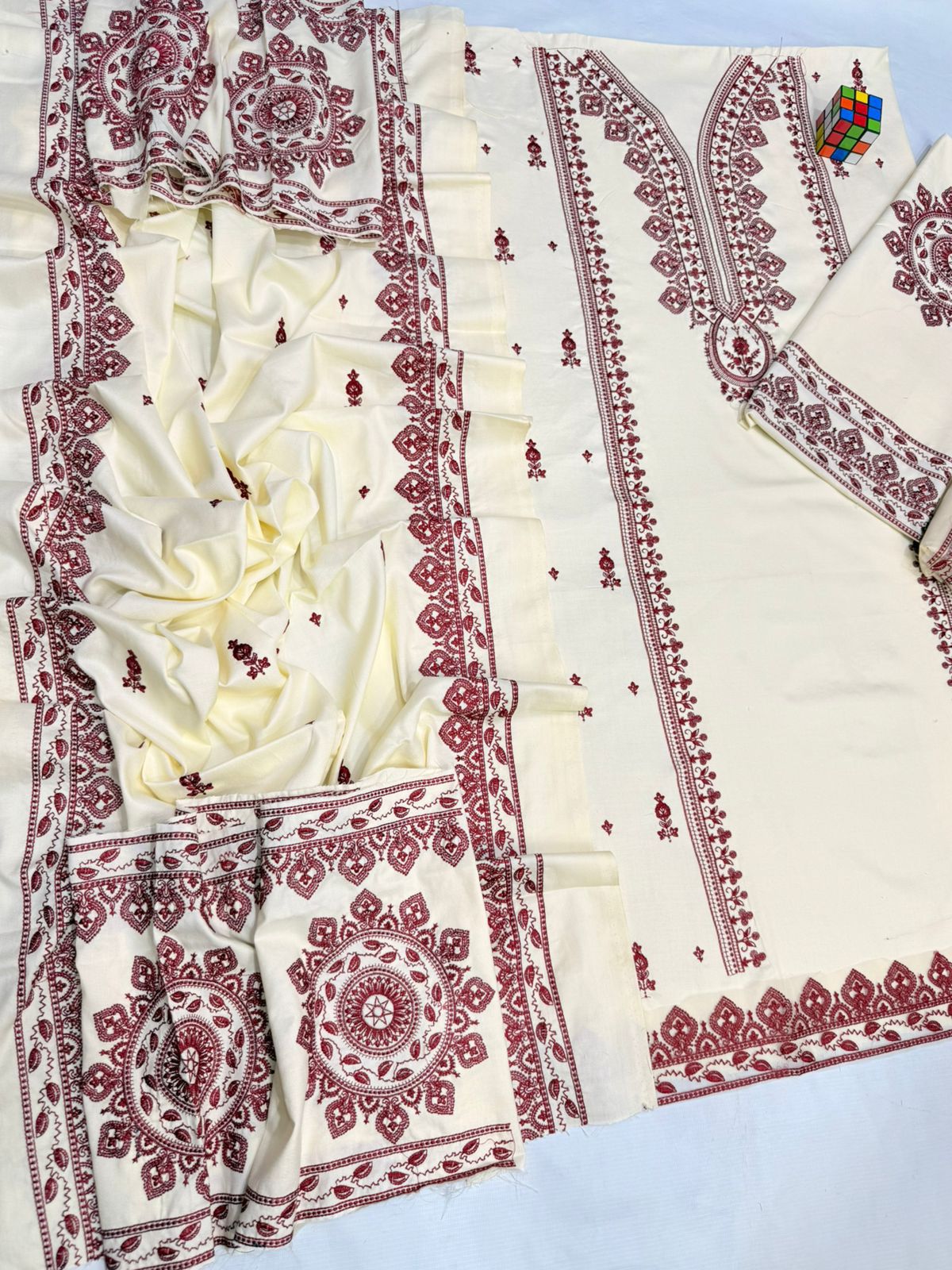 #7043 Premium π― Pure Dhanak Embroidered Suit β Full Set with Shawl, Catalog & Bag AB