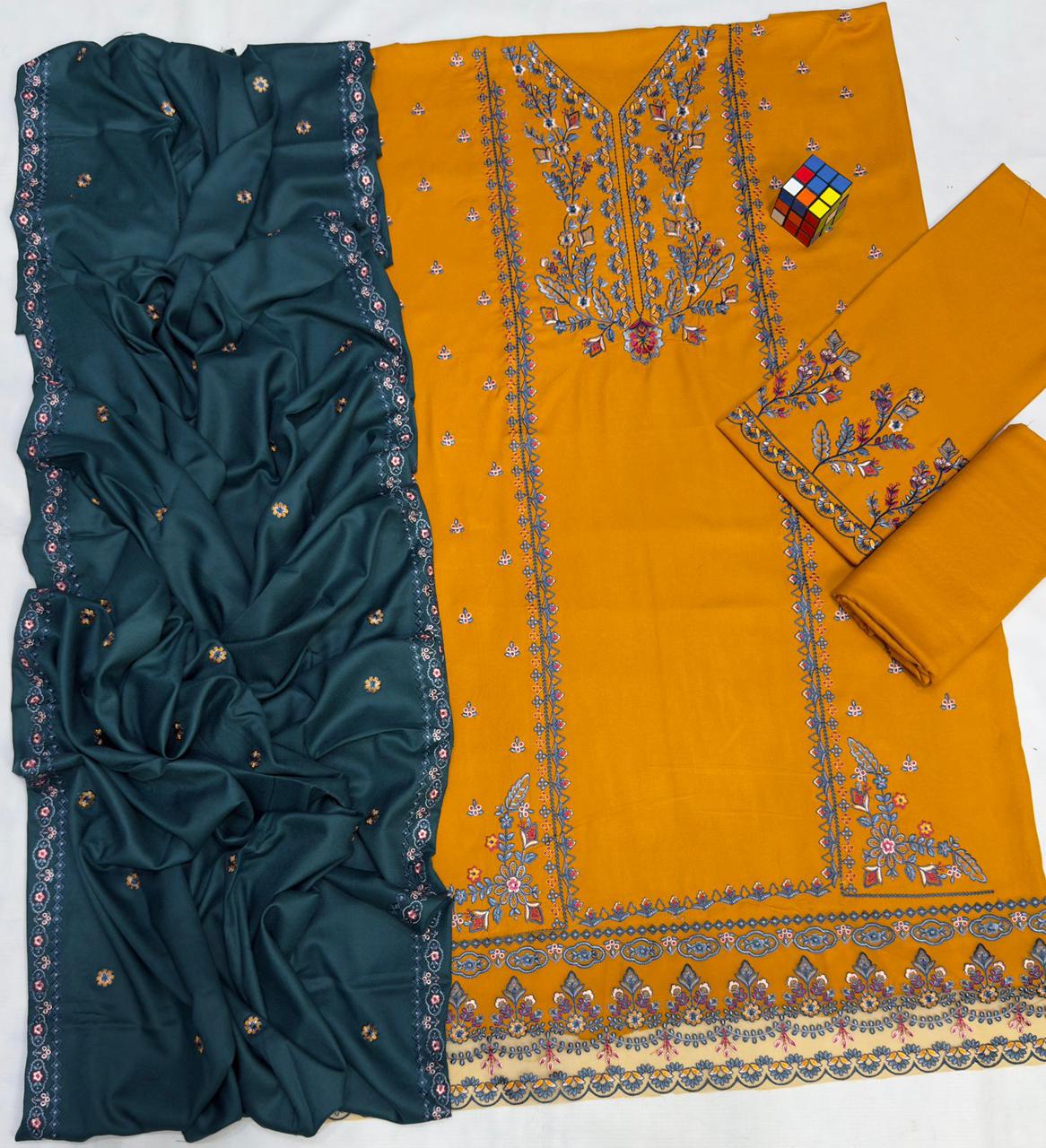 #5048 π― Pure Dhanak Premium Embroidered Suit β With Shawl, Catalog & Bag AB