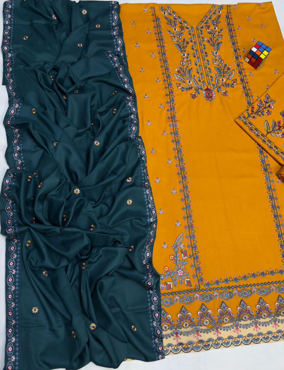 #5048 π― Pure Dhanak Premium Embroidered Suit β With Shawl, Catalog & Bag AB