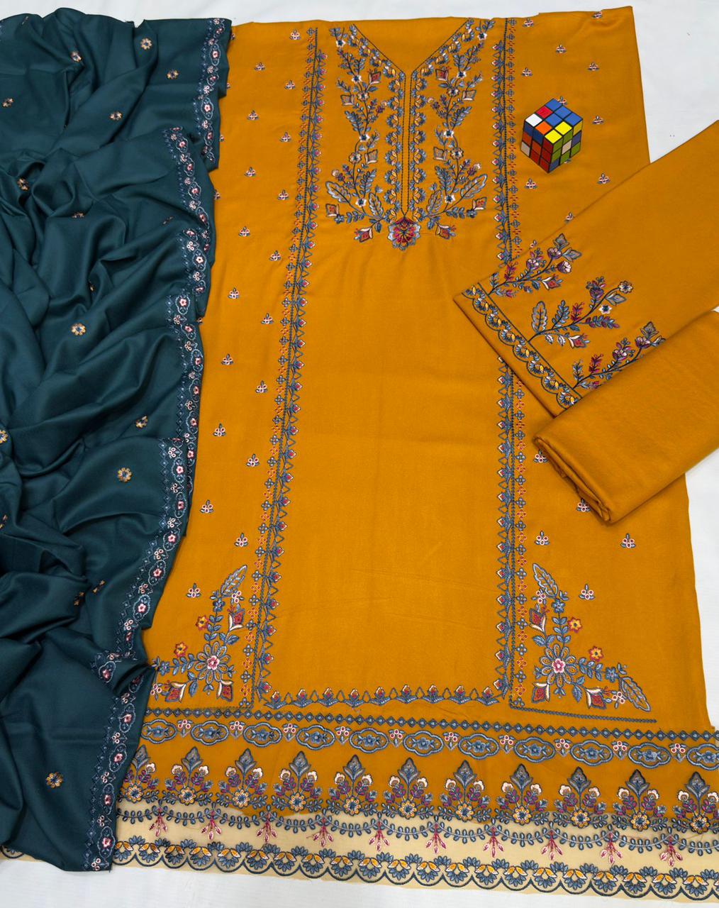 #5048 π― Pure Dhanak Premium Embroidered Suit β With Shawl, Catalog & Bag AB