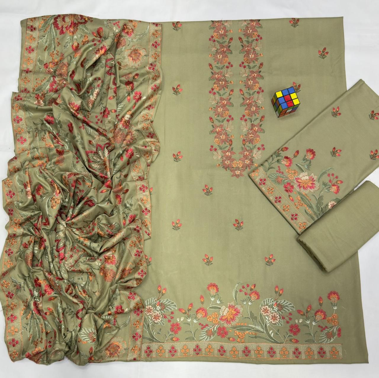 #5022 Elegant Pure Dhanak Embroidered Suit – With Shawl, Catalog & Bag AB
