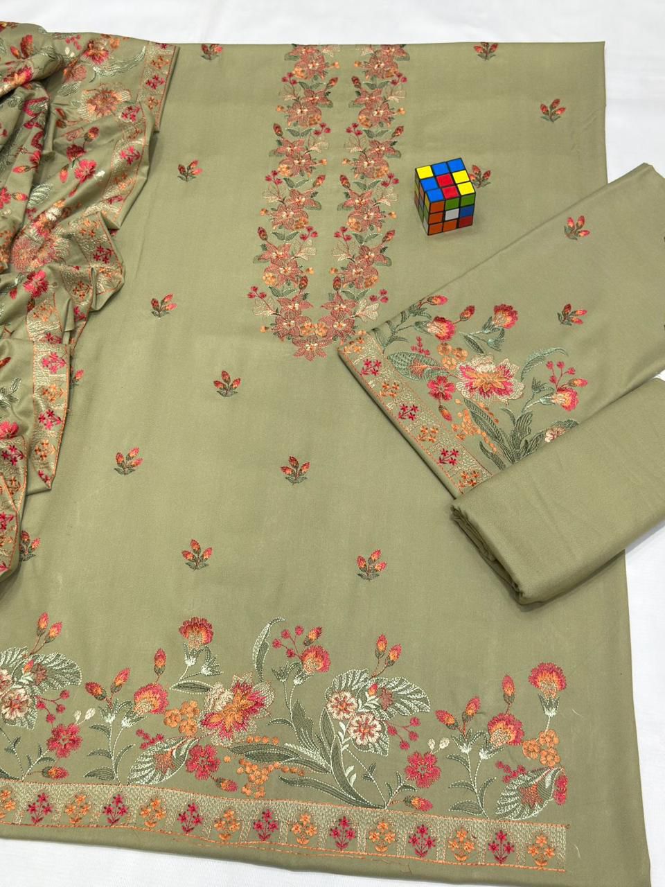 #5022 Elegant Pure Dhanak Embroidered Suit – With Shawl, Catalog & Bag AB