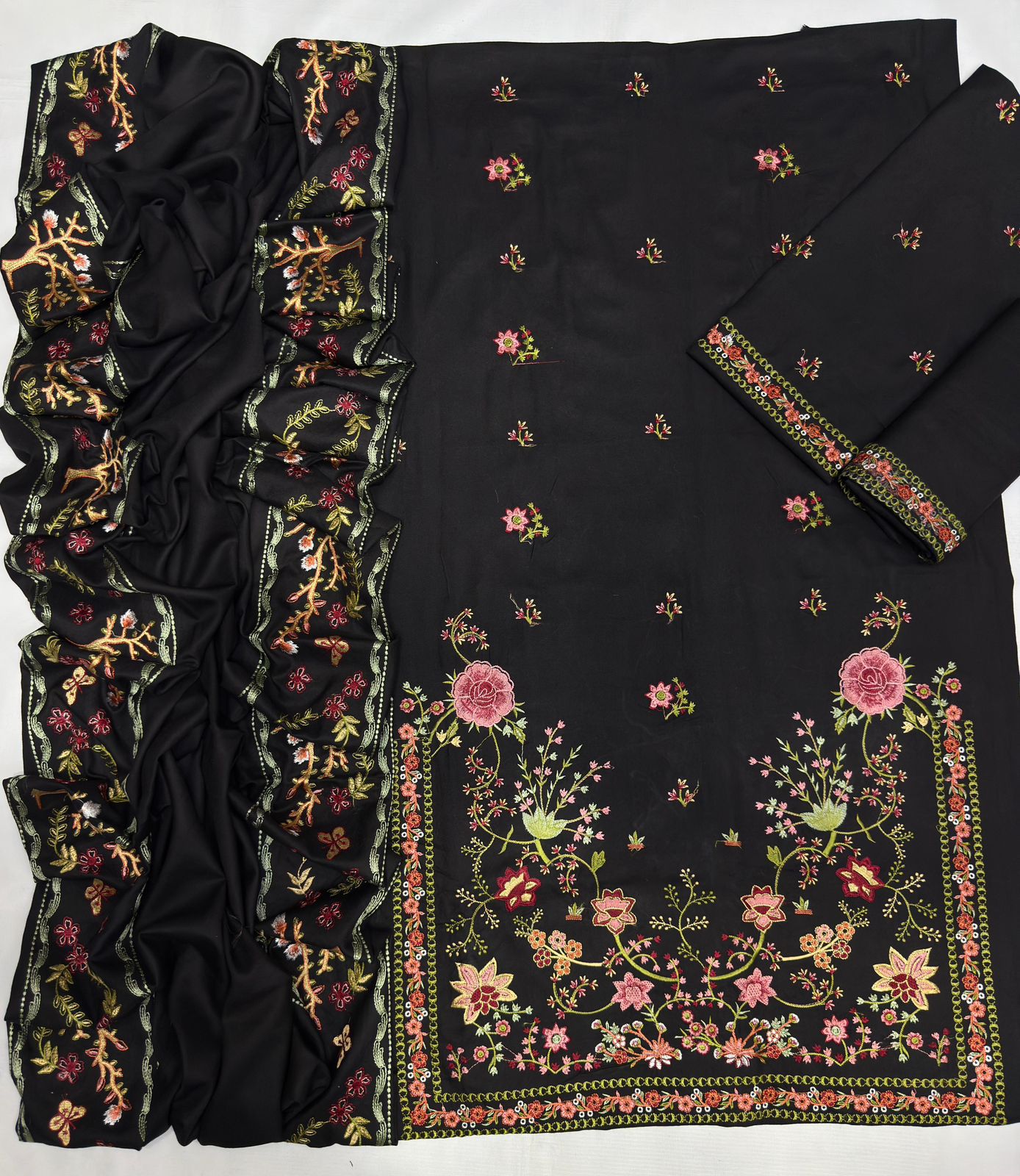 #5037 Title: Best Quality DHANAK | Heavy Embroidered Suit with Shawl & Bag AB