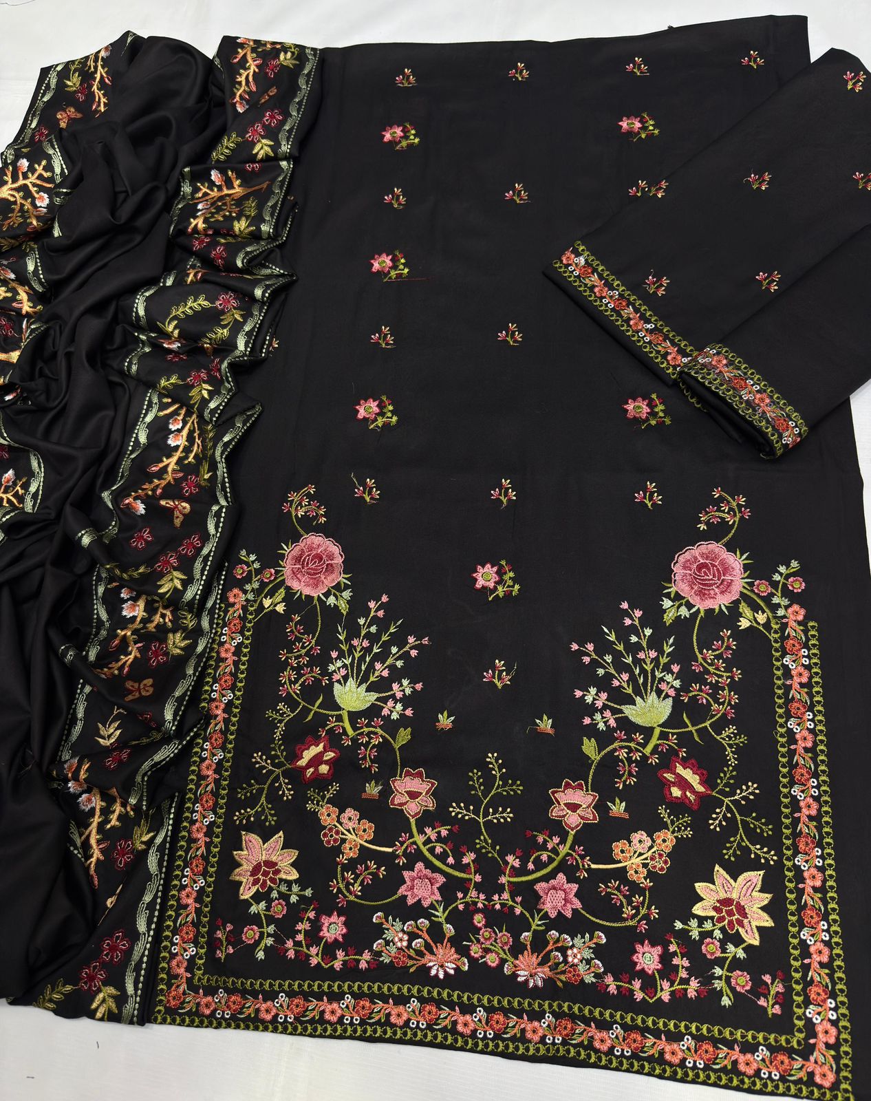 #5037 Title: Best Quality DHANAK | Heavy Embroidered Suit with Shawl & Bag AB