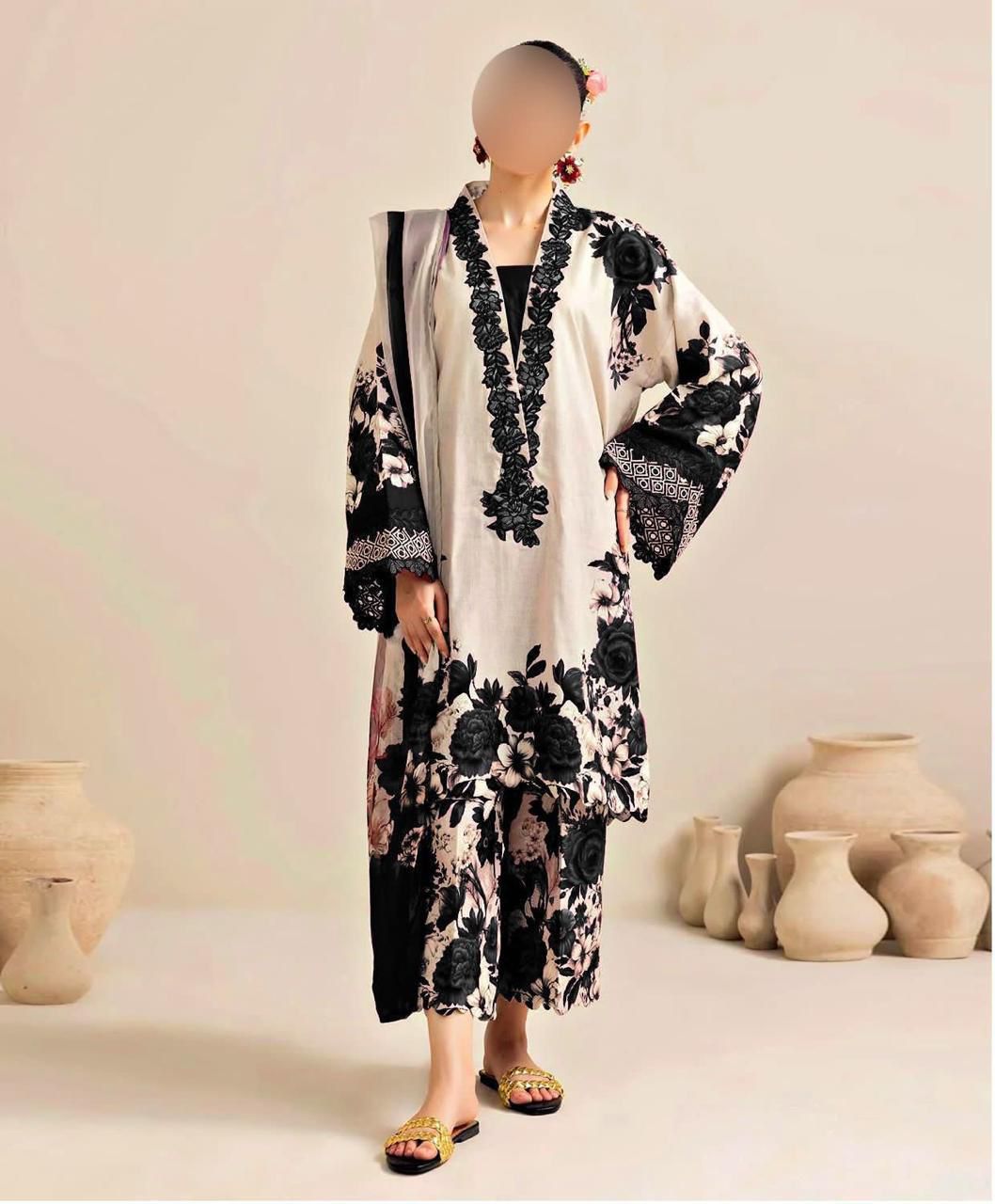 #10  Elegant Shamooz Silk Printed Unstitched 3-Piece Suit – Luxe Fabric for Timeless Style  SH