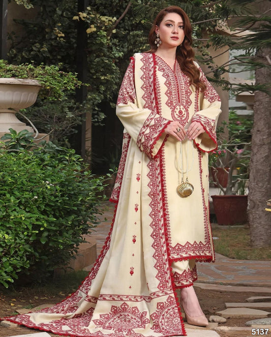 #7043  Premium 💯 Pure Dhanak Embroidered Suit – Full Set with Shawl, Catalog & Bag  AB