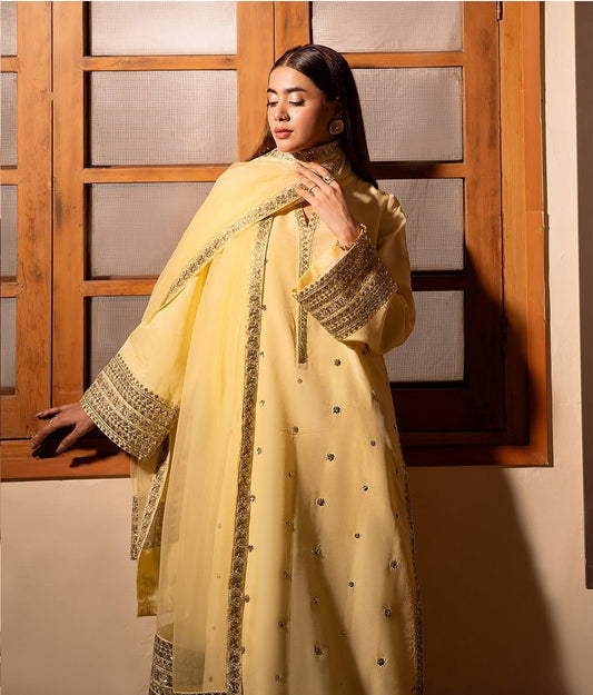 #5081  Signature 💯 Pure Dhanak Embroidered Suit – With Embroidered Trouser & Shawl Pallu  AB