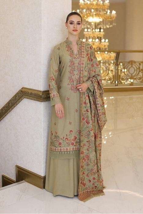 #5022  Elegant Pure Dhanak Embroidered Suit – With Shawl, Catalog & Bag  AB